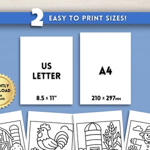 Puede incluir: Imagen que muestra dos tama&ntilde;os de papel: US Letter (8,5 x 11 pulgadas) y A4 (210 x 297 mm). El texto "EASY TO PRINT SIZES!" est&aacute; en la parte superior. Un sello dorado dice "INSTANTLY DOWNLOAD AFTER PURCHASE". Debajo, p&aacute;ginas para colorear con animales de granja.