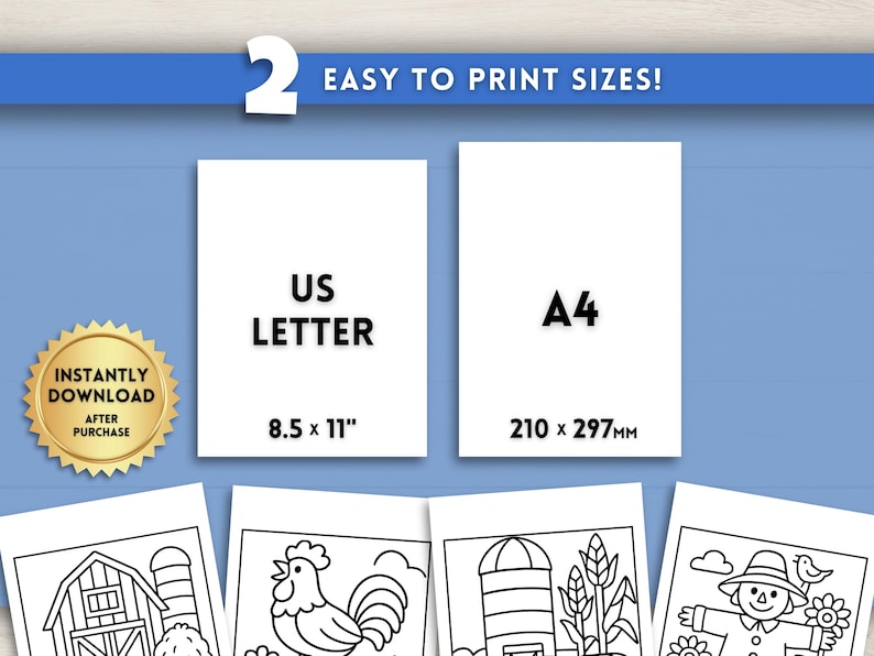 Puede incluir: Imagen que muestra dos tama&ntilde;os de papel: US Letter (8,5 x 11 pulgadas) y A4 (210 x 297 mm). El texto "EASY TO PRINT SIZES!" est&aacute; en la parte superior. Un sello dorado dice "INSTANTLY DOWNLOAD AFTER PURCHASE". Debajo, p&aacute;ginas para colorear con animales de granja.