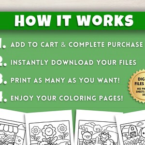 May include: A digital download of coloring pages featuring a farm theme. The image shows four coloring pages with illustrations of a farm stand, a flower, a pig and cow, and a dog. The text "HOW IT WORKS" is at the top of the image, followed by four numbered steps: 1. Add to cart & complete purchase, 2. Instantly download your files, 3. Print as many as you want!, 4. Enjoy your coloring pages! The text "DIGITAL FILES ONLY" is in a gold circle with the text "NO PHYSICAL SHEETS WILL BE SENT" below it.