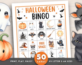 Halloween Bingo Game, 50 Halloween Bingo Cards, Halloween Games, Kids Halloween Party Game, Halloween Classroom Activity, Halloween Activity