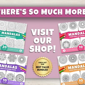 Może przedstawiać: Reklama stron do kolorowania mandali do druku. Obraz zawiera kilka kolorowych makiet produkt&oacute;w z tekstem "Easy Mandalas" i "Mandalas" wraz z tekstem "Visit Our Shop!" i "Check Out Our Best Value Bundles!"