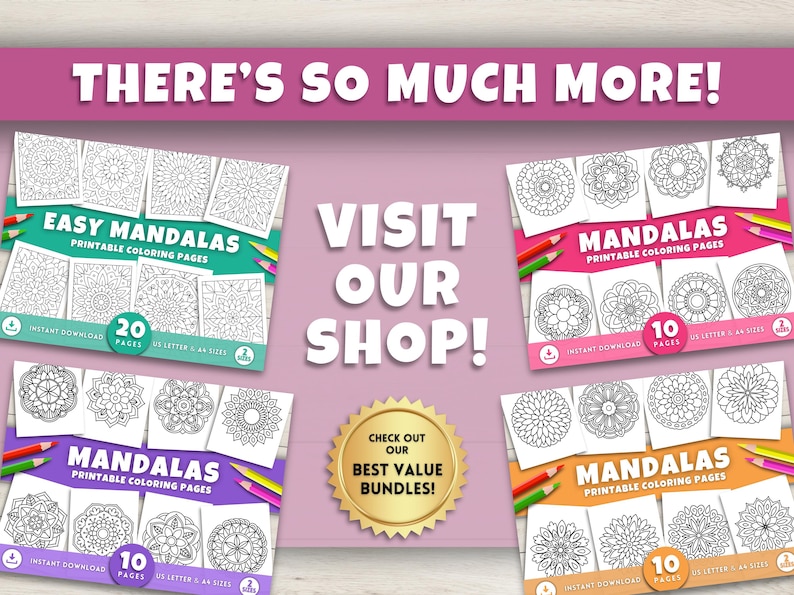 Może przedstawiać: Reklama stron do kolorowania mandali do druku. Obraz zawiera kilka kolorowych makiet produkt&oacute;w z tekstem "Easy Mandalas" i "Mandalas" wraz z tekstem "Visit Our Shop!" i "Check Out Our Best Value Bundles!"