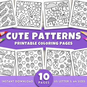 Puede incluir: Diez páginas para colorear imprimibles con patrones lindos. Los patrones incluyen dulces, flores, paraguas, lazos, nubes, fresas, corazones y conos de helado. Las páginas están diseñadas para los tamaños US Letter y A4.