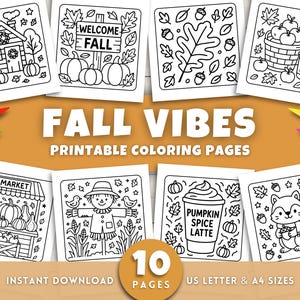 Puede incluir: Un conjunto de 10 páginas para colorear imprimibles con temática otoñal. Los diseños incluyen calabazas, hojas, un espantapájaros y un café con leche de especias de calabaza. También se muestran las palabras "Fall Vibes" y "Printable Coloring Pages".
