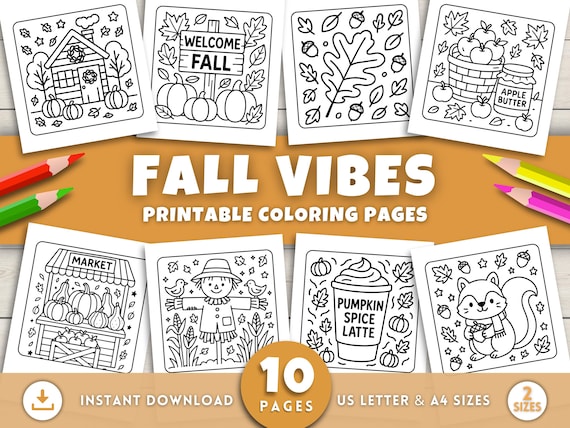 Fall Vibes Coloring Pages for Kids, Fall Coloring Book, Fall Coloring Sheets, Autumn Coloring Pages, Cozy Pumpkin Leaves, Autumn Activities
