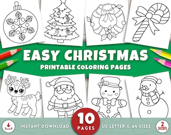May include: A collection of ten printable Christmas coloring pages featuring festive designs like ornaments, a Christmas tree, a wreath, a candy cane, a reindeer, Santa Claus, a gingerbread man, and a snowman. The text reads "EASY CHRISTMAS PRINTABLE COLORING PAGES".
