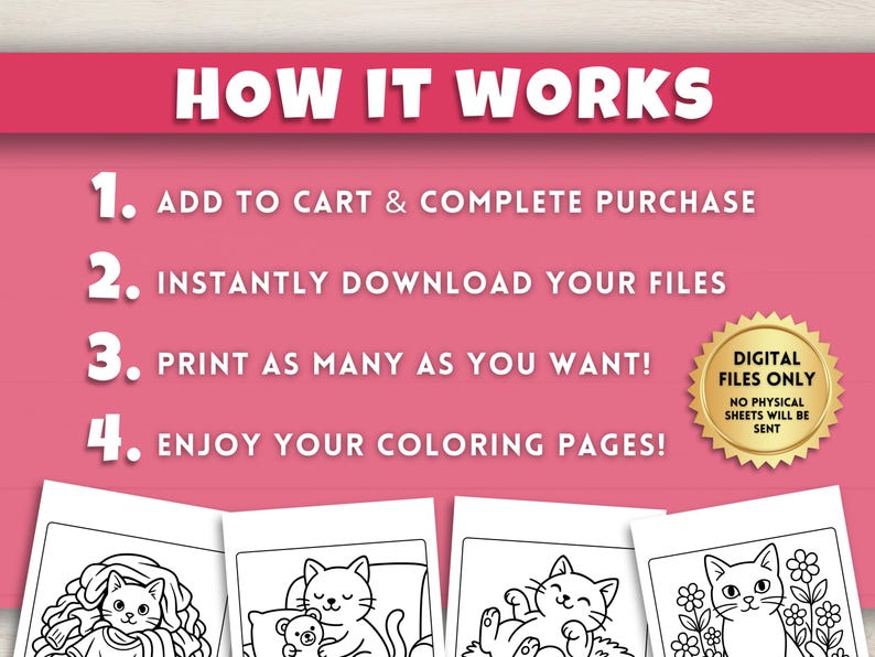 May include: Pink background with white text that reads "HOW IT WORKS" and numbered steps. The steps are: Add to cart, download files, print as many as you want, and enjoy coloring pages. Digital files only.