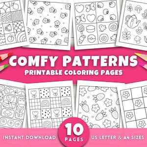May include: A collection of ten printable coloring pages with various black and white patterns, including flowers, fruits, and geometric designs. The words "COMFY PATTERNS" and "PRINTABLE COLORING PAGES" are displayed on a pink background, along with colored pencils.