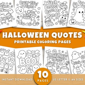 K&ouml;nnte beinhalten: Eine Sammlung von zehn ausdruckbaren Malvorlagen zum Thema Halloween. Jede Seite zeigt ein einzigartiges Design mit Halloween-Zitaten und Illustrationen, darunter Geister, Hexen und K&uuml;rbisse. Erh&auml;ltlich in US Letter- und A4-Gr&ouml;&szlig;en.