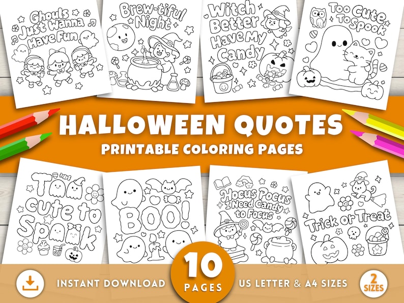 K&ouml;nnte beinhalten: Eine Sammlung von zehn ausdruckbaren Malvorlagen zum Thema Halloween. Jede Seite zeigt ein einzigartiges Design mit Halloween-Zitaten und Illustrationen, darunter Geister, Hexen und K&uuml;rbisse. Erh&auml;ltlich in US Letter- und A4-Gr&ouml;&szlig;en.