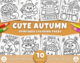 Cute Autumn Coloring Pages for Kids, Fall Coloring Pages, Fall Coloring Book, Fall Coloring Sheets, Printable Fall Activities, Digital PDF