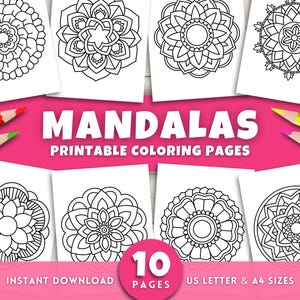 10 Simple Mandala Coloring Pages For Kids Toddlers Adults, Relaxing Stress Relief Patterns, Mindful Mandalas Printable Coloring Book Pages