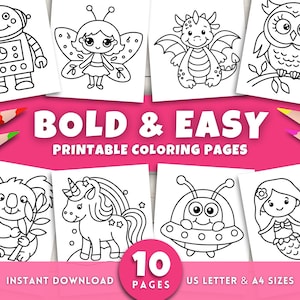 May include: A collection of printable coloring pages featuring whimsical illustrations of a robot, fairy, dragon, owl, koala, unicorn, alien in a spaceship, and mermaid. The text "BOLD & EASY PRINTABLE COLORING PAGES" is displayed on a pink background.