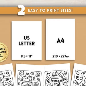 Puede incluir: Imagen con el texto "2 EASY TO PRINT SIZES!" y "US LETTER 8.5 x 11"" y "A4 210 x 297MM". Un sello dorado dice "INSTANTLY DOWNLOAD AFTER PURCHASE". Debajo hay dibujos lineales en blanco y negro con temas oto&ntilde;ales.
