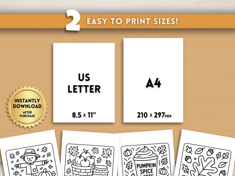 Puede incluir: Imagen con el texto "2 EASY TO PRINT SIZES!" y "US LETTER 8.5 x 11"" y "A4 210 x 297MM". Un sello dorado dice "INSTANTLY DOWNLOAD AFTER PURCHASE". Debajo hay dibujos lineales en blanco y negro con temas oto&ntilde;ales.
