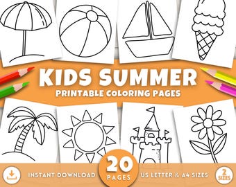 Kids Summer Coloring Pages, Printable Summer Kids Activities, Simple Daycare Summer Coloring Sheets, Summer Kids Activity Coloring Book, PDF