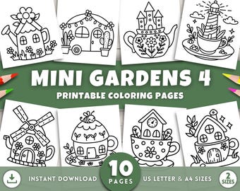 Miniature Garden Coloring Pages for Adults & Kids, Cozy Garden Corner, Tiny Garden Printable Coloring Sheet, Bold and Easy, Digital Download