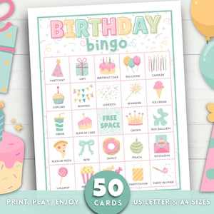 Puede incluir: Una colorida tarjeta de bingo de cumpleaños con ilustraciones de sombreros de fiesta, pasteles, globos y confeti. La tarjeta tiene el texto "BIRTHDAY bingo" y "50 TARJETAS". Diseñada para imprimir y jugar.