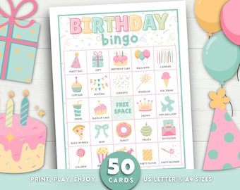 Birthday Bingo, 50 Birthday Bingo Cards, Printable Happy Birthday Bingo Game, Kids Birthday Party Game, Fun Birthday Party Activity for Kids