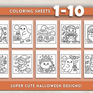 May include: A collection of ten Halloween-themed coloring sheets. Each sheet features a different black and white illustration of spooky characters and objects, including a wolf, ghost, witch, and cauldron. The top banner reads "COLORING SHEETS 1-10" and the bottom banner reads "SUPER CUTE HALLOWEEN DESIGNS!"