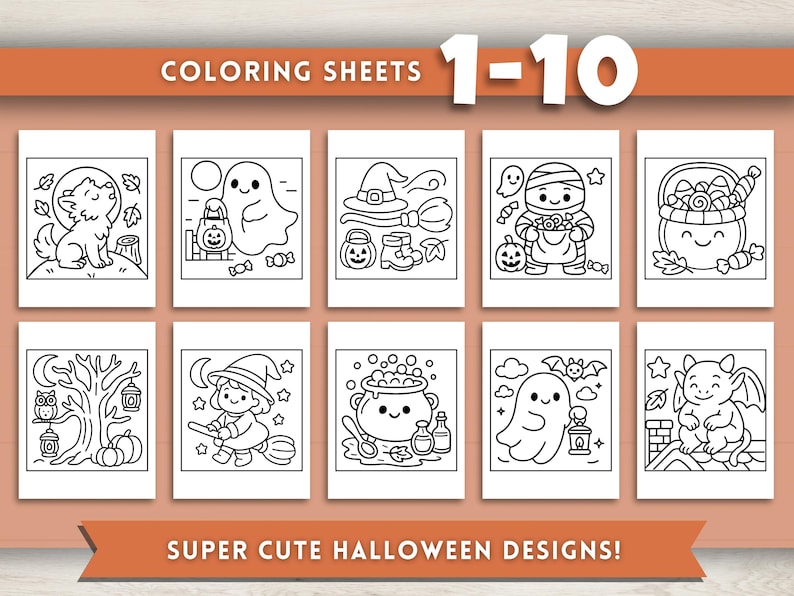 May include: A collection of ten Halloween-themed coloring sheets. Each sheet features a different black and white illustration of spooky characters and objects, including a wolf, ghost, witch, and cauldron. The top banner reads "COLORING SHEETS 1-10" and the bottom banner reads "SUPER CUTE HALLOWEEN DESIGNS!"