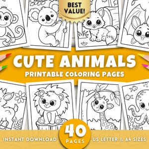 May include: A collection of printable coloring pages featuring cute animals, including a monkey, koala, fox, bat, deer, lion, giraffe, and octopus. The image includes text that says "CUTE ANIMALS PRINTABLE COLORING PAGES" and "40 PAGES".