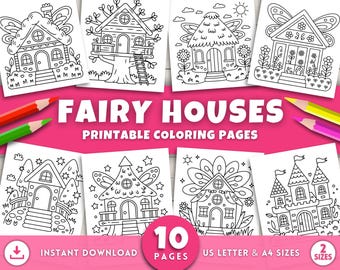 Cute Fairy Houses Coloring Pages for Adults & Kids, Fairy Garden, Bold and Easy Whimsical Forest Fairy Printable Activity Pages, Digital PDF