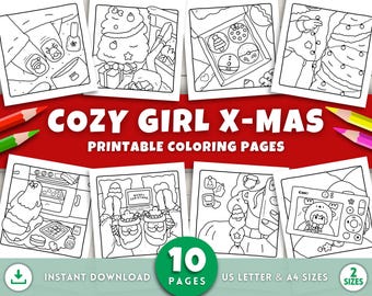 Dibujos navideños para colorear para adultos, láminas para colorear de chicas acogedoras, actividades navideñas imprimibles, manualidades navideñas acogedoras, libro para colorear de invierno