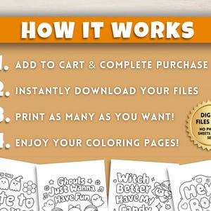 K&ouml;nnte beinhalten: Ein Bild mit der Aufschrift &bdquo;HOW IT WORKS&ldquo; und nummerierten Schritten: In den Warenkorb legen, Dateien herunterladen, beliebig oft ausdrucken und Malvorlagen genie&szlig;en. Das Bild zeigt auch Halloween-Malvorlagen.