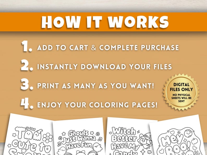 K&ouml;nnte beinhalten: Ein Bild mit der Aufschrift &bdquo;HOW IT WORKS&ldquo; und nummerierten Schritten: In den Warenkorb legen, Dateien herunterladen, beliebig oft ausdrucken und Malvorlagen genie&szlig;en. Das Bild zeigt auch Halloween-Malvorlagen.