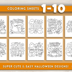 K&ouml;nnte beinhalten: Ein Satz von zehn Halloween-Malvorlagen mit verschiedenen gruseligen Illustrationen und S&auml;tzen wie "Boo!" und "Trick or Treat." Das obere Banner lautet "Coloring Sheets 1-10." Das untere Banner lautet "Super Cute & Easy Halloween Designs!"
