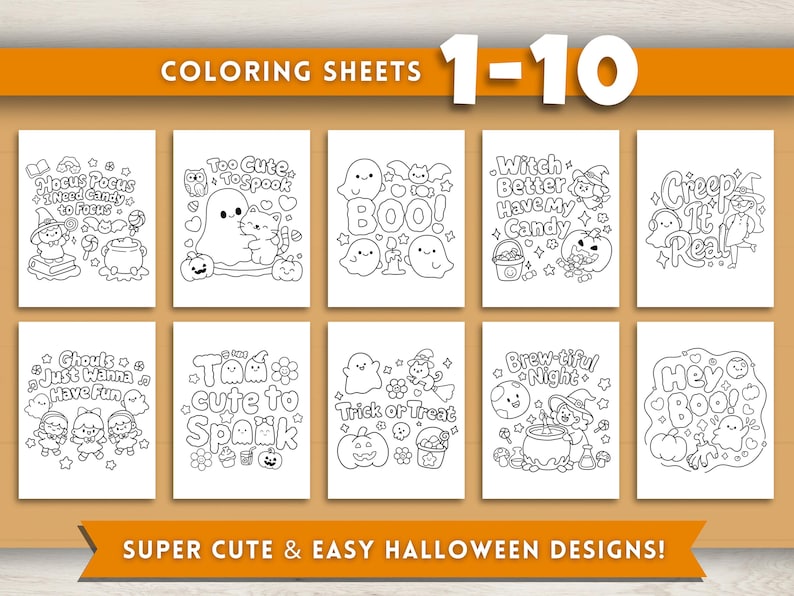 K&ouml;nnte beinhalten: Ein Satz von zehn Halloween-Malvorlagen mit verschiedenen gruseligen Illustrationen und S&auml;tzen wie "Boo!" und "Trick or Treat." Das obere Banner lautet "Coloring Sheets 1-10." Das untere Banner lautet "Super Cute & Easy Halloween Designs!"