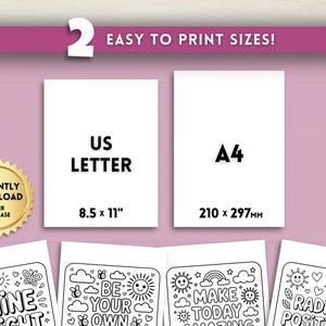 Puede incluir: La imagen muestra dos tama&ntilde;os de papel: US Letter (8,5 x 11 pulgadas) y A4 (210 x 297 mm). El texto "EASY TO PRINT SIZES!" est&aacute; en la parte superior. Debajo, p&aacute;ginas para colorear con afirmaciones positivas como "SHINE BRIGHT" y "RADIATE POSITIVITY". Un sello dorado dice "INSTANTLY DOWNLOAD AFTER PURCHASE".