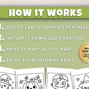 Op de afbeelding: Afbeelding met de tekst "HOW IT WORKS" en genummerde stappen: 1. Toevoegen aan winkelwagen & aankoop voltooien, 2. Download direct uw bestanden, 3. Print zoveel als u wilt!, 4. Geniet van uw kleurplaten! Een gouden zegel luidt "ALLEEN DIGITALE BESTANDEN, ER WORDEN GEEN FYSIEKE VELLEN VERZONDEN".