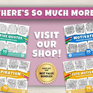 Puede incluir: Imagen promocional de p&aacute;ginas para colorear imprimibles. La imagen presenta cuatro paquetes diferentes de p&aacute;ginas para colorear: Positive Quotes, Motivation, Inspiration y Cute Motivation. Cada paquete incluye 10 p&aacute;ginas y est&aacute; disponible para descarga instant&aacute;nea.