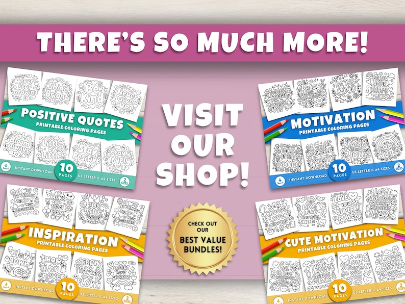 Puede incluir: Imagen promocional de p&aacute;ginas para colorear imprimibles. La imagen presenta cuatro paquetes diferentes de p&aacute;ginas para colorear: Positive Quotes, Motivation, Inspiration y Cute Motivation. Cada paquete incluye 10 p&aacute;ginas y est&aacute; disponible para descarga instant&aacute;nea.