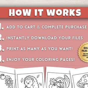 May include: A graphic with the text "HOW IT WORKS" and numbered steps: Add to cart, download files, print as many as you want, and enjoy coloring pages. A gold seal reads "DIGITAL FILES ONLY."
