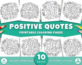 Páginas para colorear con frases positivas para adultos y niños, páginas inspiradoras para colorear, libro motivacional para aliviar la ansiedad y el estrés.