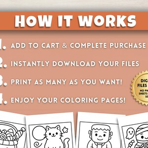 May include: An orange background with white text that reads "HOW IT WORKS". Steps include adding to cart, downloading files, printing, and enjoying coloring pages. A gold seal states "DIGITAL FILES ONLY".