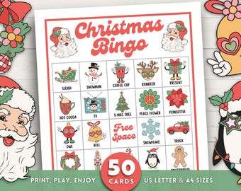 Christmas Bingo, 50 Christmas Bingo Cards, Retro Christmas Games, Vintage Christmas Party Game, Printable Christmas Classroom Activity, Xmas