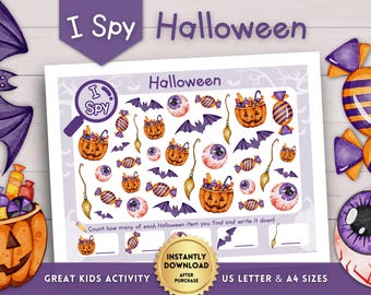 Halloween I Spy Game for Kids, Autumn I Spy Activity Sheet, Look and Find, Halloween Kid Activities, Pre-K Preschool Kindergarten Worksheets
