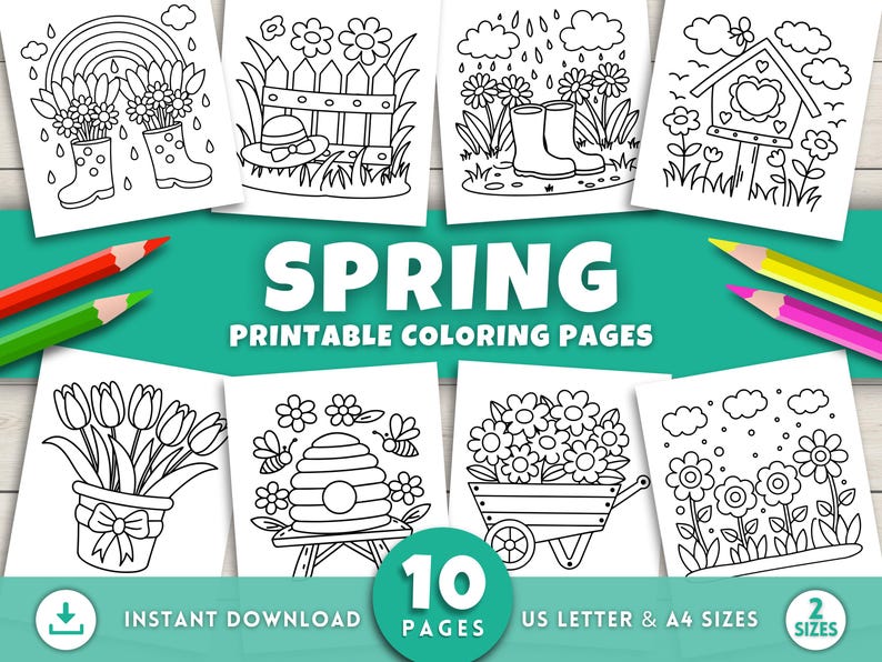 Puede incluir: Un conjunto de 10 p&aacute;ginas para colorear imprimibles con temas primaverales. Las p&aacute;ginas incluyen im&aacute;genes de flores, una colmena, una casita de p&aacute;jaros, botas de lluvia y un arco&iacute;ris. Las p&aacute;ginas est&aacute;n dise&ntilde;adas para los tama&ntilde;os US Letter y A4.