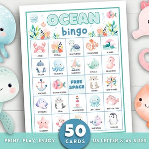 May include: A printable "Ocean Bingo" game card with 50 cards, featuring colorful illustrations of sea creatures like crabs, fish, and whales. The card includes the text "Ocean Bingo" and "Print, Play, Enjoy".