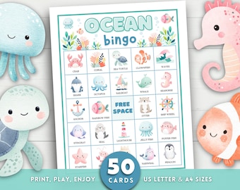 Ocean Bingo, Under the Sea Bingo, 50 Printable Ocean Bingo Cards, Kids Ocean Party Game, Ocean Animal Birthday Party Activity Classroom Game