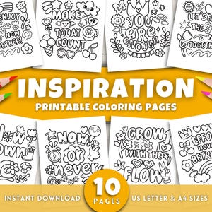 Könnte beinhalten: Zehn ausdruckbare Malvorlagen mit inspirierenden Zitaten und skurrilen Illustrationen. Die Seiten zeigen Sätze wie "Lasst uns die Gegenwart gemeinsam genießen!" und "Lasst uns den heutigen Tag zählen." Enthält US Letter- und A4-Formate.