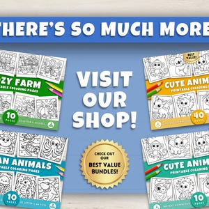 Puede incluir: P&aacute;ginas para colorear imprimibles para ni&ntilde;os, con temas como Cozy Farm, Ocean Animals y Cute Animals. La imagen incluye el texto "THERE'S SO MUCH MORE!" y "VISIT OUR SHOP!"