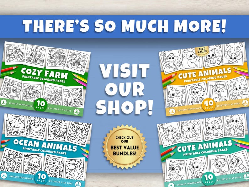 Puede incluir: P&aacute;ginas para colorear imprimibles para ni&ntilde;os, con temas como Cozy Farm, Ocean Animals y Cute Animals. La imagen incluye el texto "THERE'S SO MUCH MORE!" y "VISIT OUR SHOP!"