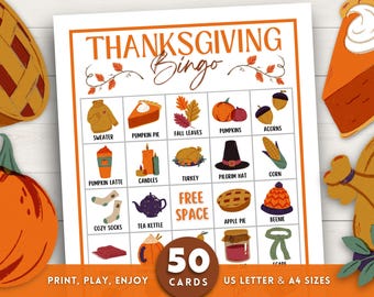 Thanksgiving Bingo, Thanksgiving Games, 50 Thanksgiving Bingo Cards, Thanksgiving Activity, Kids Thanksgiving Party Game, Fall Activity, PDF