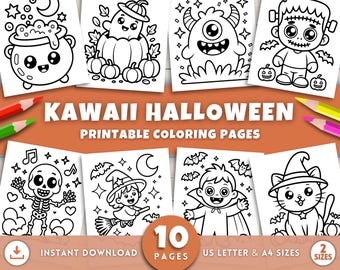 Kawaii Halloween Coloring Pages for Kids and Adults, Bold & Easy Kids Halloween Coloring Sheets, Halloween Printables, Halloween Activities
