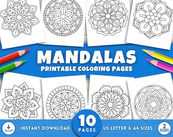 10 páginas fáceis para colorir de mandalas para crianças, bebês e adultos; padrões relaxantes para aliviar o estresse; páginas de mandalas para colorir imprimíveis para meditação.